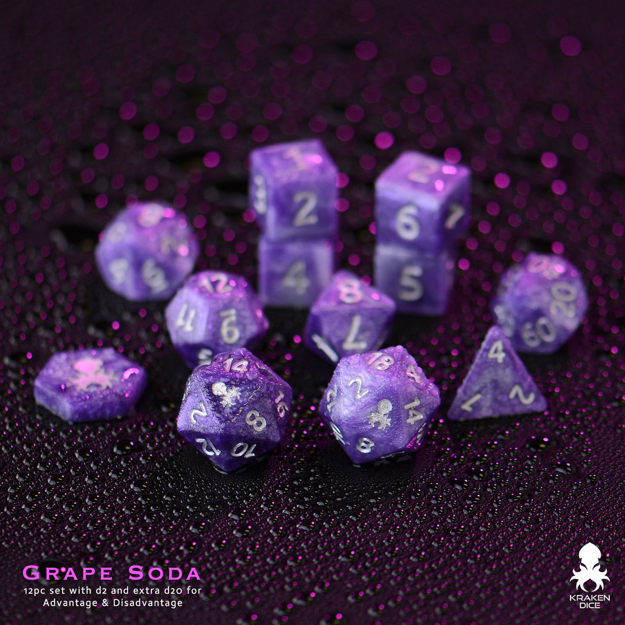Grape Soda 14pc DnD Dice Set With Kraken Logo in Silver Ink