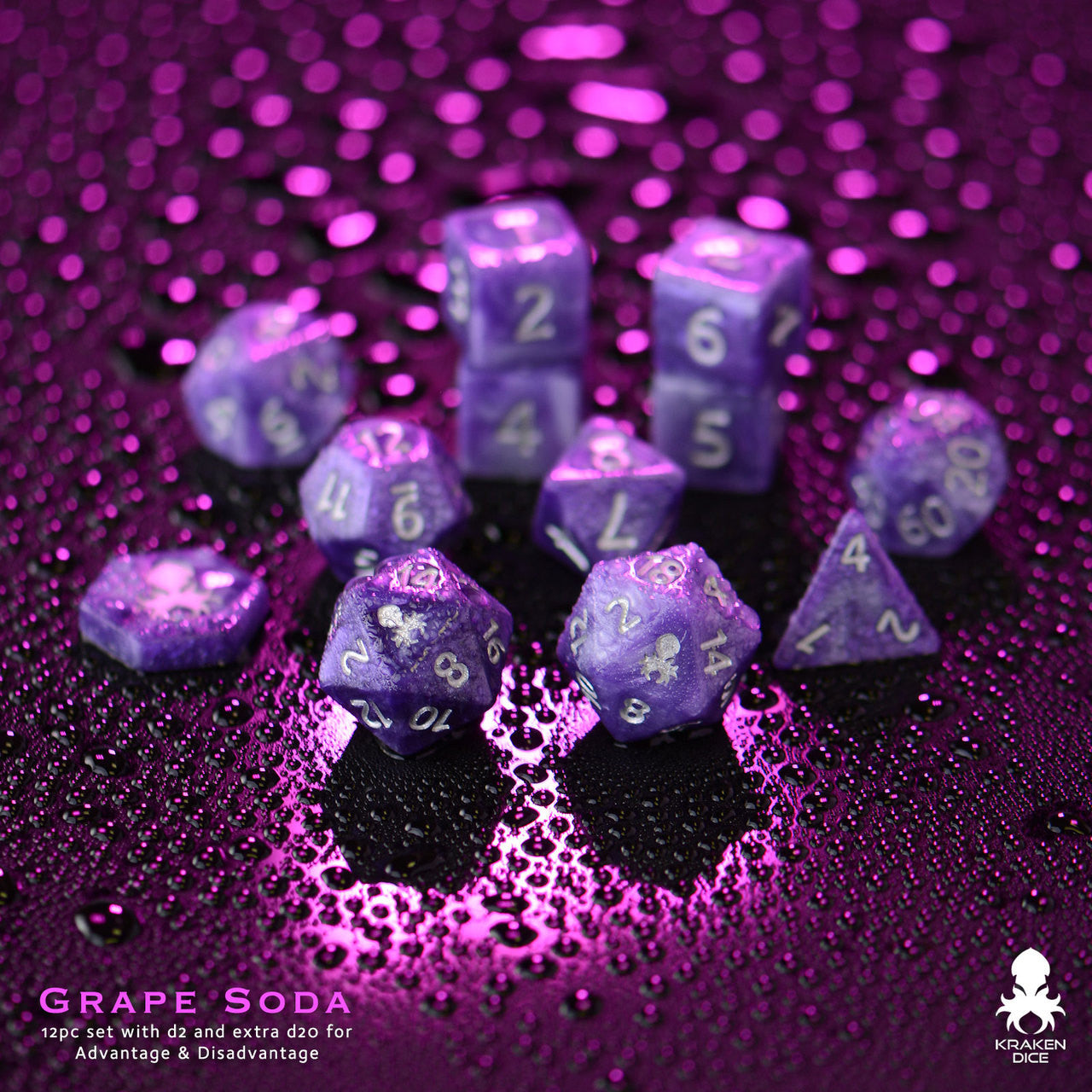 Grape Soda 14pc DnD Dice Set With Kraken Logo in Gold Ink