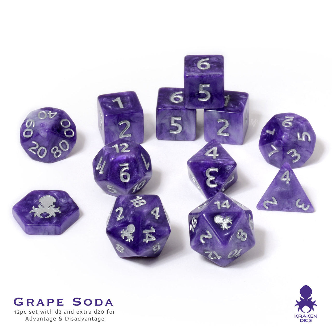 Grape Soda 14pc DnD Dice Set With Kraken Logo in Silver Ink