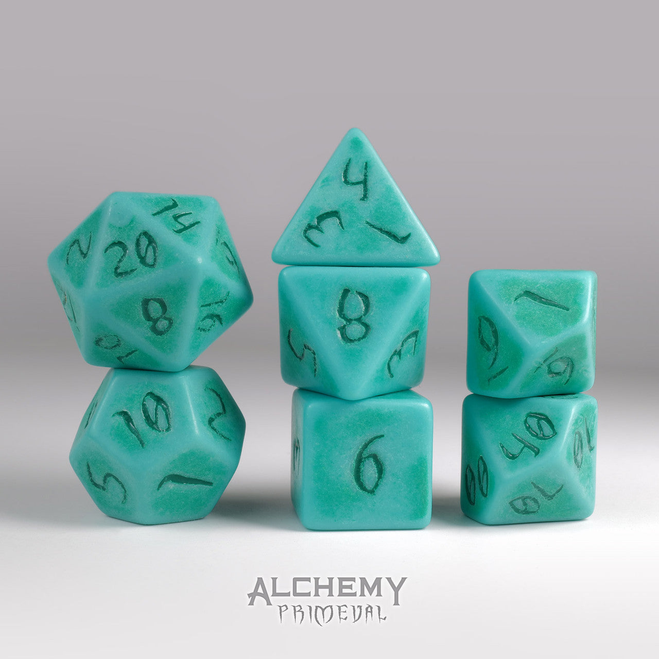 Primeval:Turquoise with Green Ink 7pc Custom Font Polyhedral Dice Set