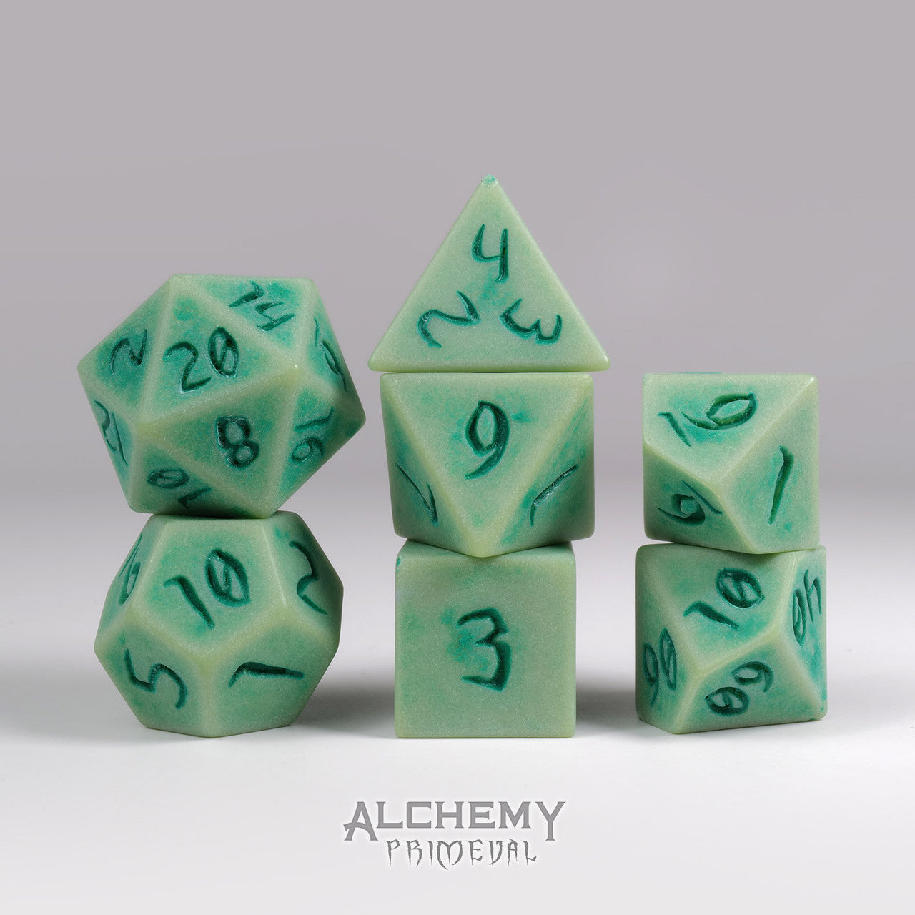 Primeval:Jade with Green Ink 7pc Custom Font Polyhedral Dice Set