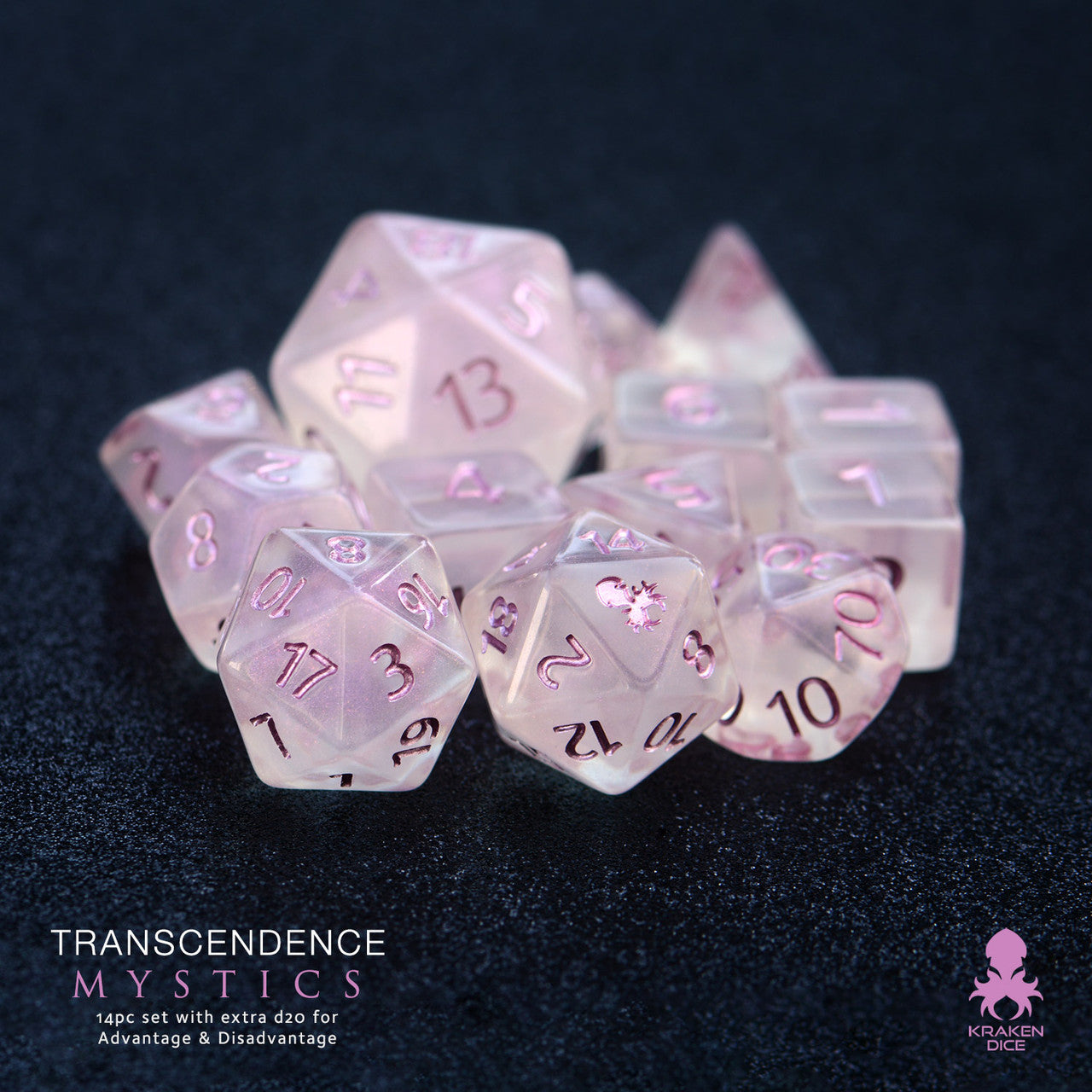 Transcendence Metallic Mauve Ink Mystics 14pc Dice Set With Kraken Logo
