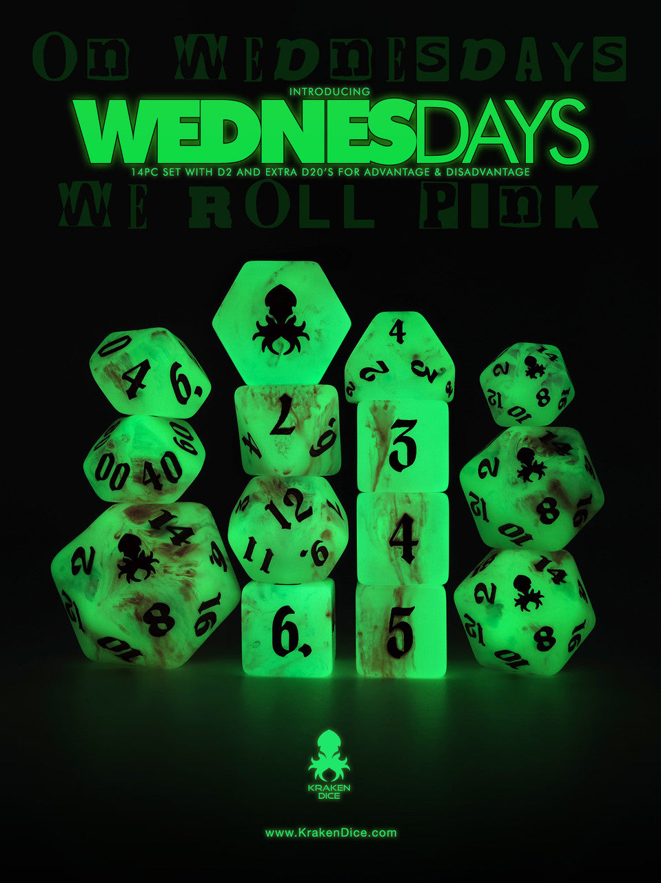 Wednesdays 14pc Glow in the Dark Dice Set with Pink Ink