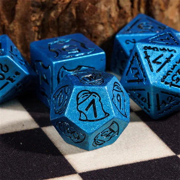 Blue Ancient Pattern 7pc Dice Set Inked in Black