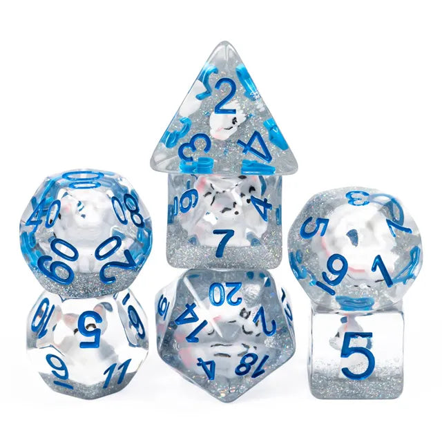 White Fox 7pc Dice Set Inked in Blue