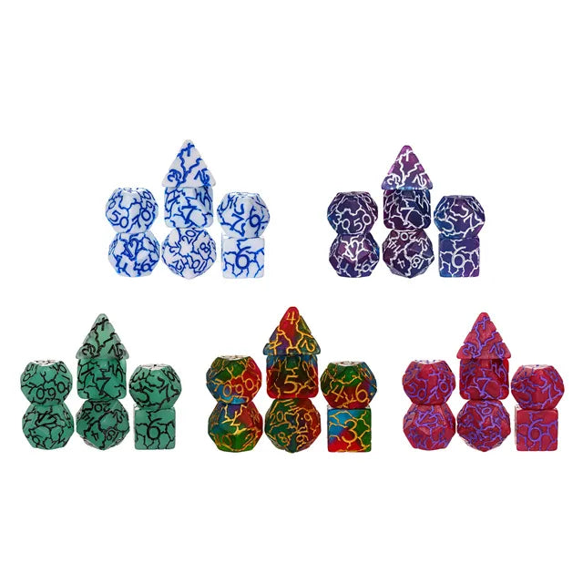 Blue Red and Green Cracks 7pc Dice Set Inked in Gold