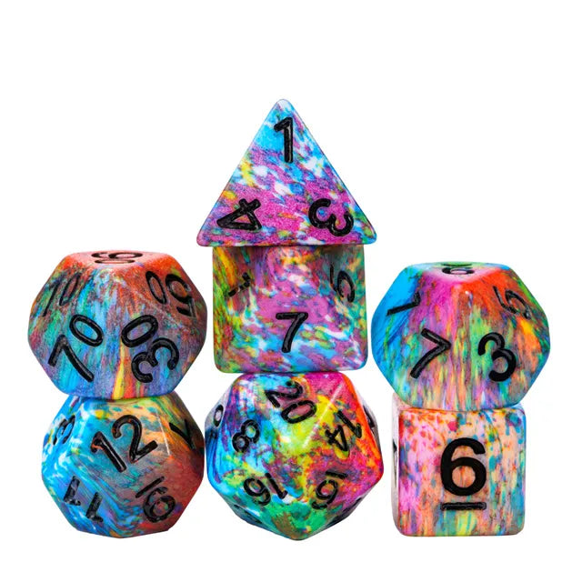 Multi-Colour Colorful Mix Pattern 7pc Dice Set inked in Black