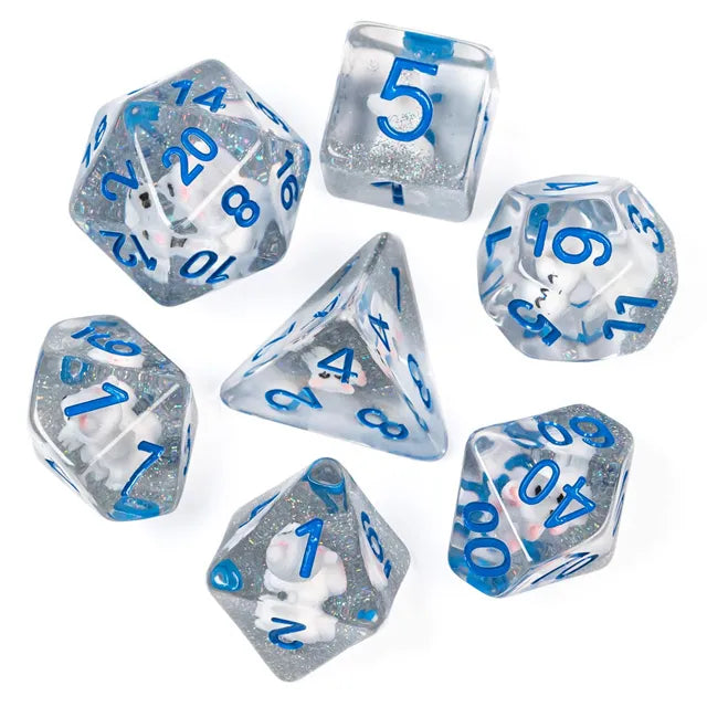 White Fox 7pc Dice Set Inked in Blue