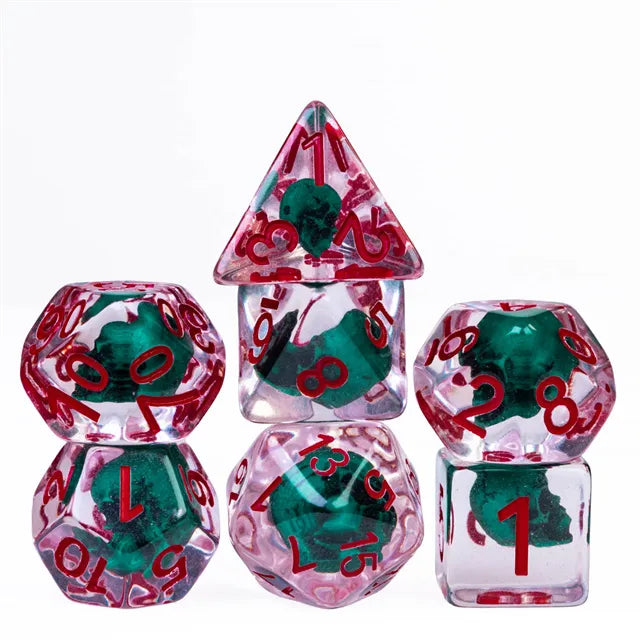 Green Skull 7pc Dice Set Inked in Red