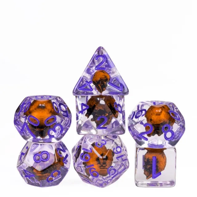 Orange Skull 7pc Dice Set Inked in Purple