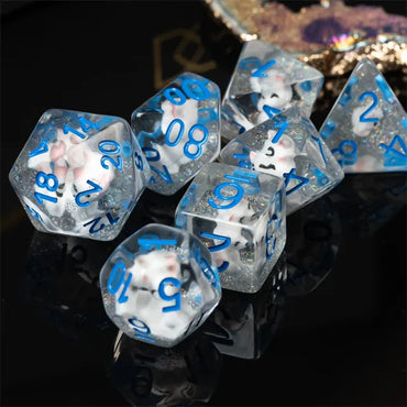 White Fox 7pc Dice Set Inked in Blue