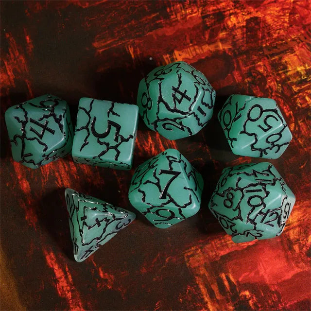 Green Cracks 7pc Dice Set Inked in Black