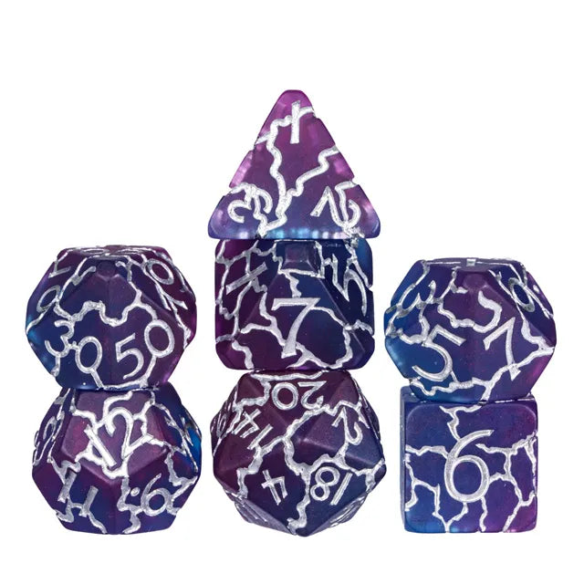 Purple and Blue Cracks 7pc Dice Set Inked in Silver