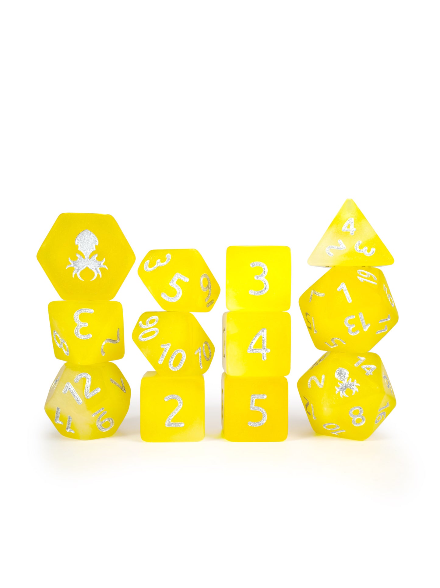 Lemon Drop Quencher Glow in the Dark 12pc Dice Set inked in Silver