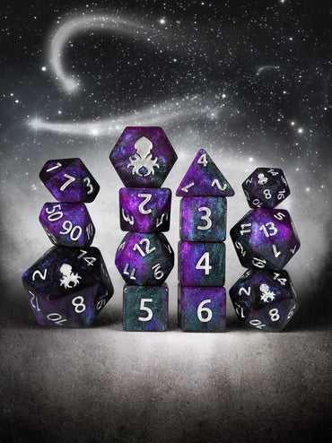 Amethyst White Magick 14pc Dice Set inked in Silver