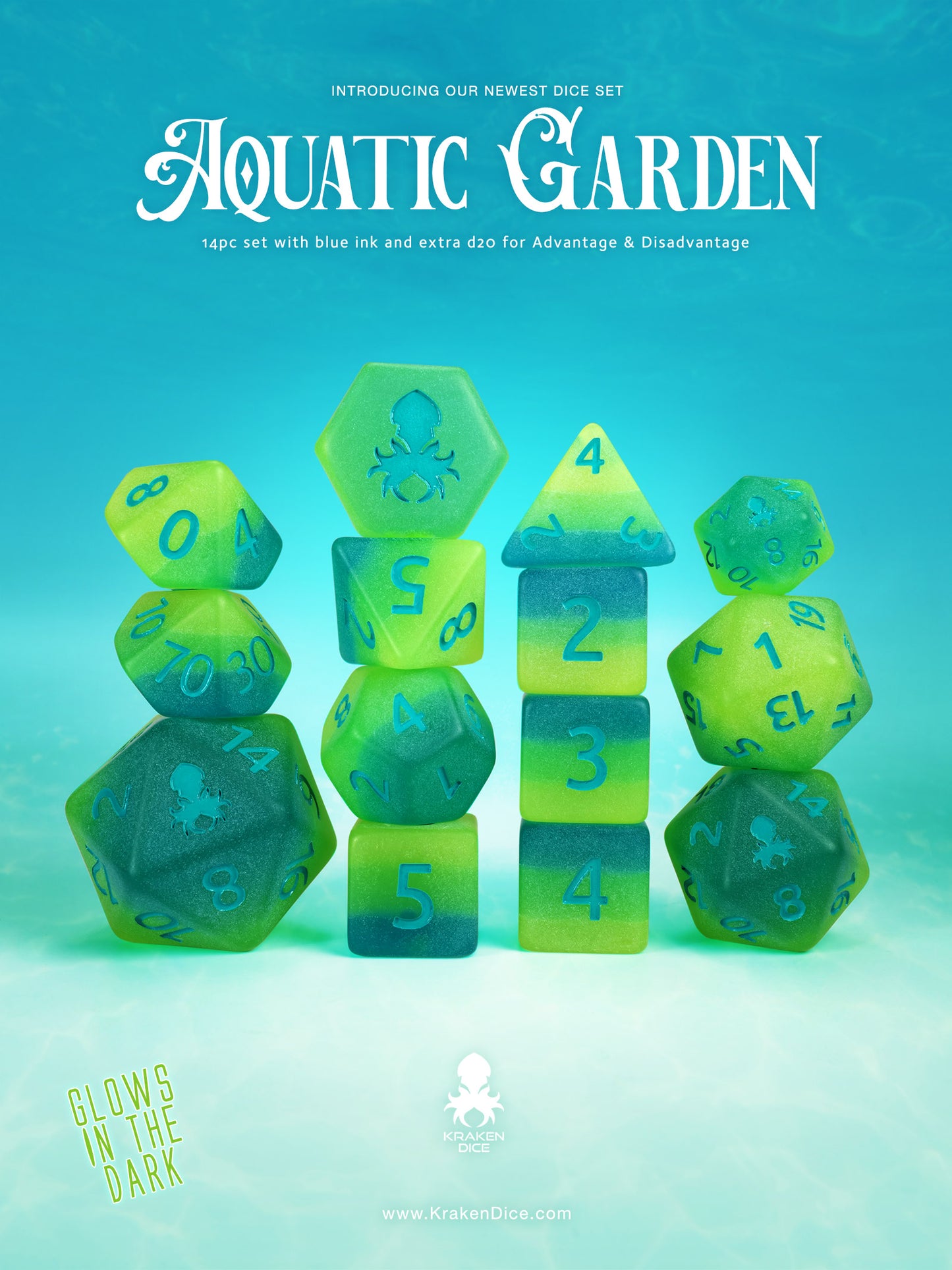 Aquatic Garden 14pc Glow in the Dark Dice Set Inked in Blue