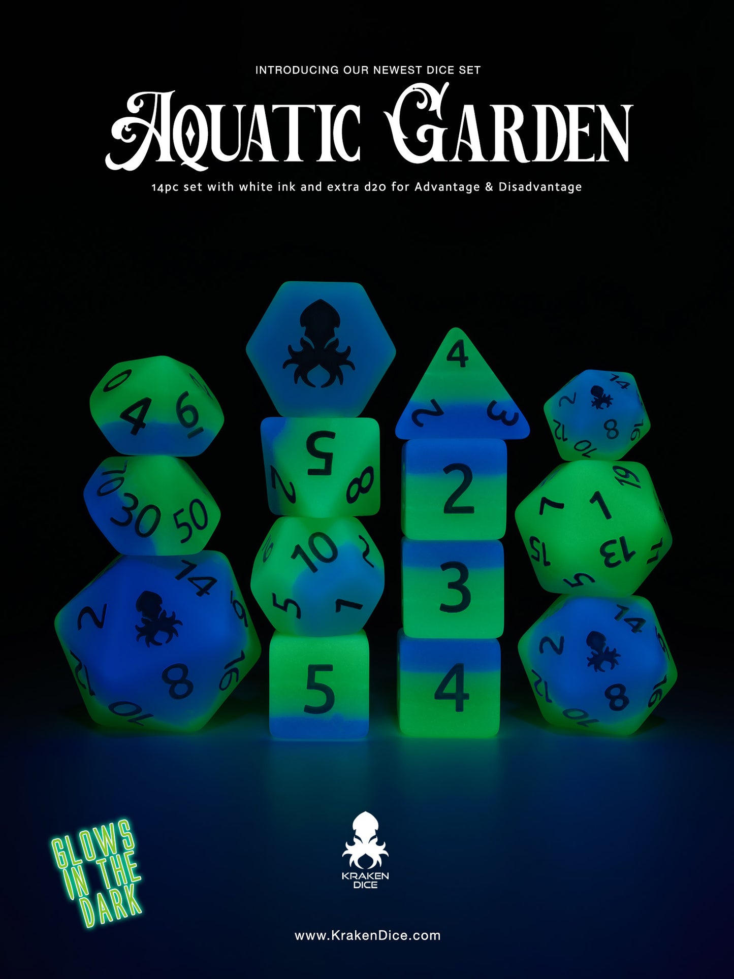 Aquatic Garden 14pc Glow in the Dark Dice Set Inked in White