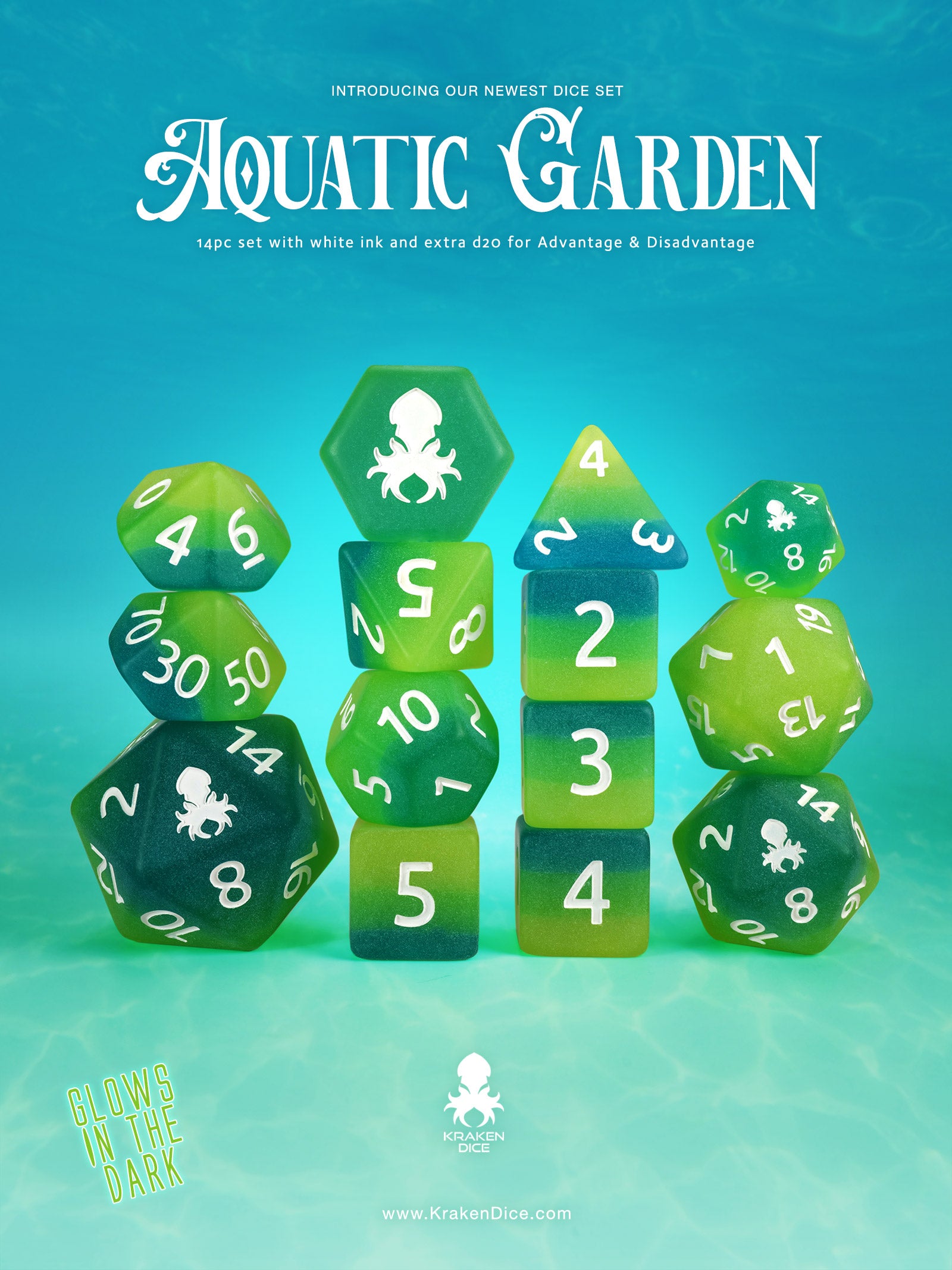 Aquatic Garden 14pc Glow in the Dark Dice Set Inked in White