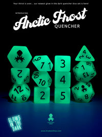 Arctic Frost Quencher Glow in the Dark 12pc Dice Set inked in Silver