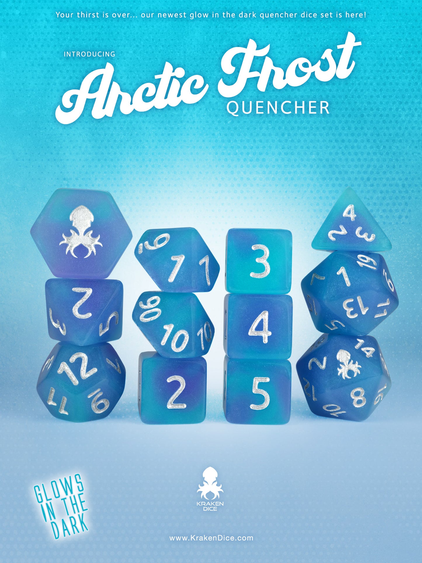 Arctic Frost Quencher Glow in the Dark 12pc Dice Set inked in Silver