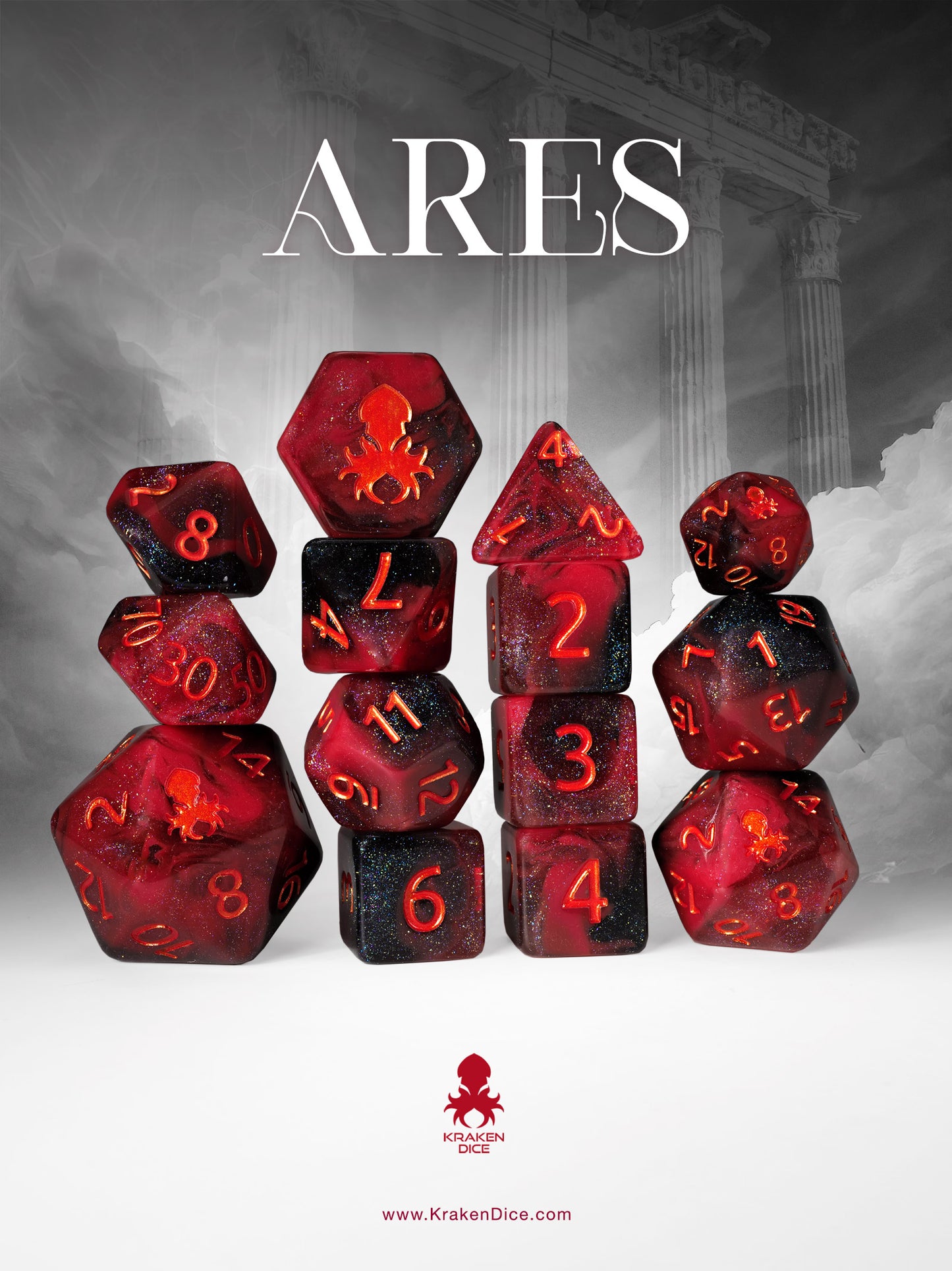 Ares 14pc Dice Set inked in Metallic Red