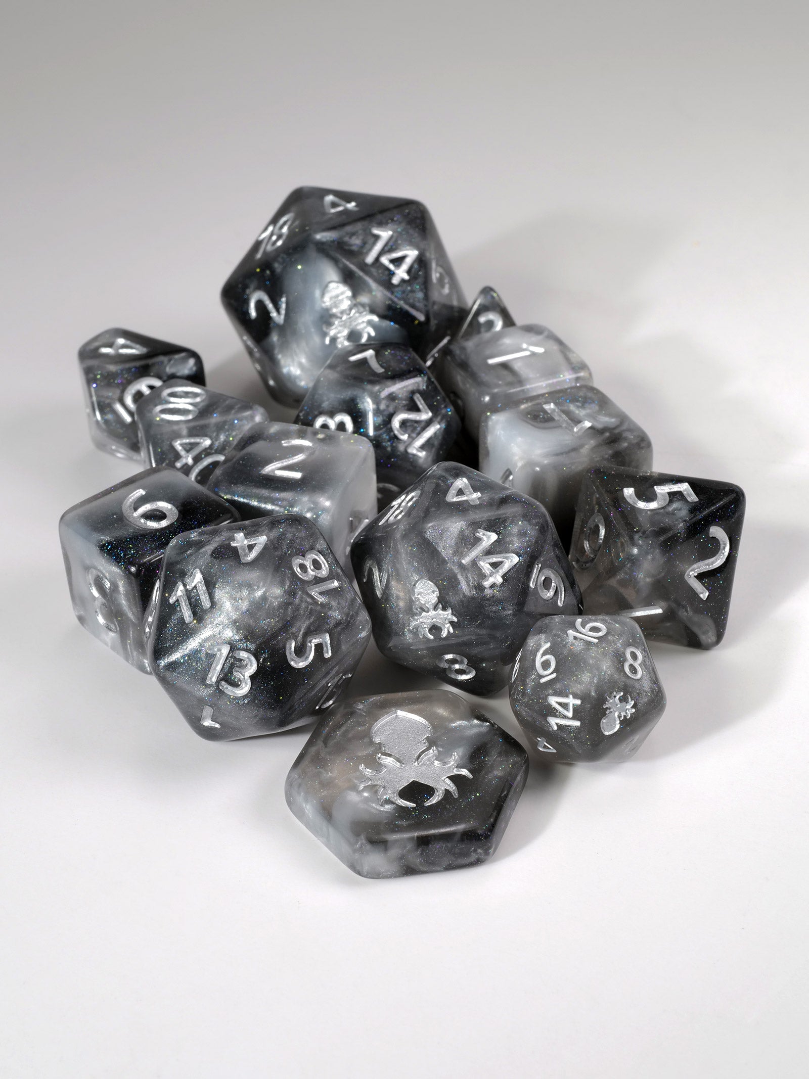 Athena 14pc Dice Set inked in Silver – Kraken Dice
