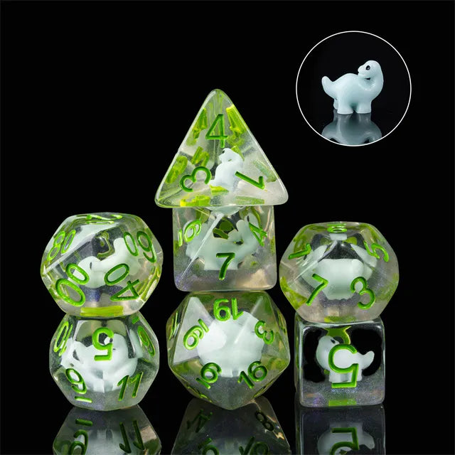 Baby Dino 7pc Dice Set Inked in Green by Udixi Dice Company