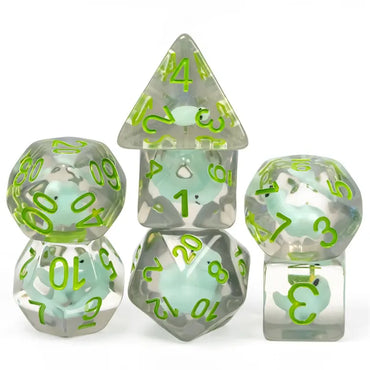 Baby Dino 7pc Dice Set Inked in Green by Udixi Dice Company
