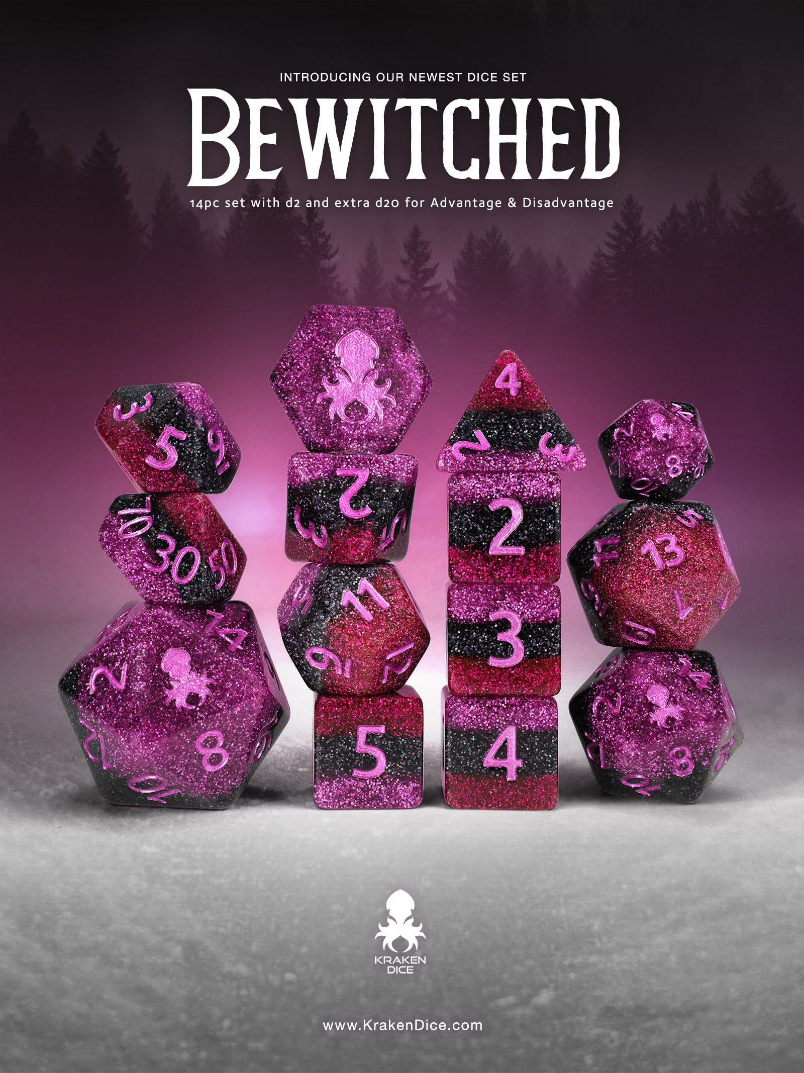 Bewitched 14pc Dice Set Inked in Pink