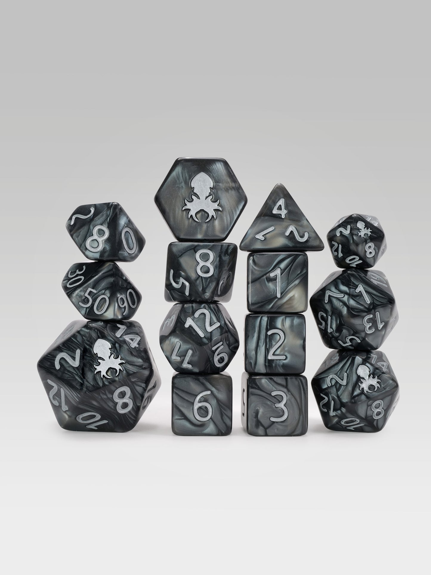 Kraken's Signature Black 14pc Dice Set inked in Silver