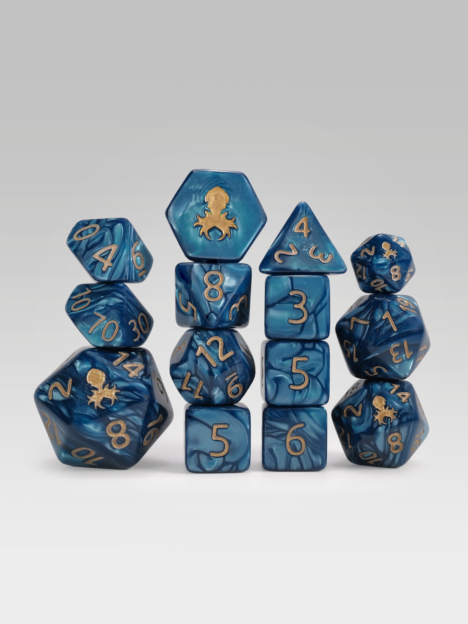 Kraken's Signature Cadet Blue 14pc Dice Set inked in Gold
