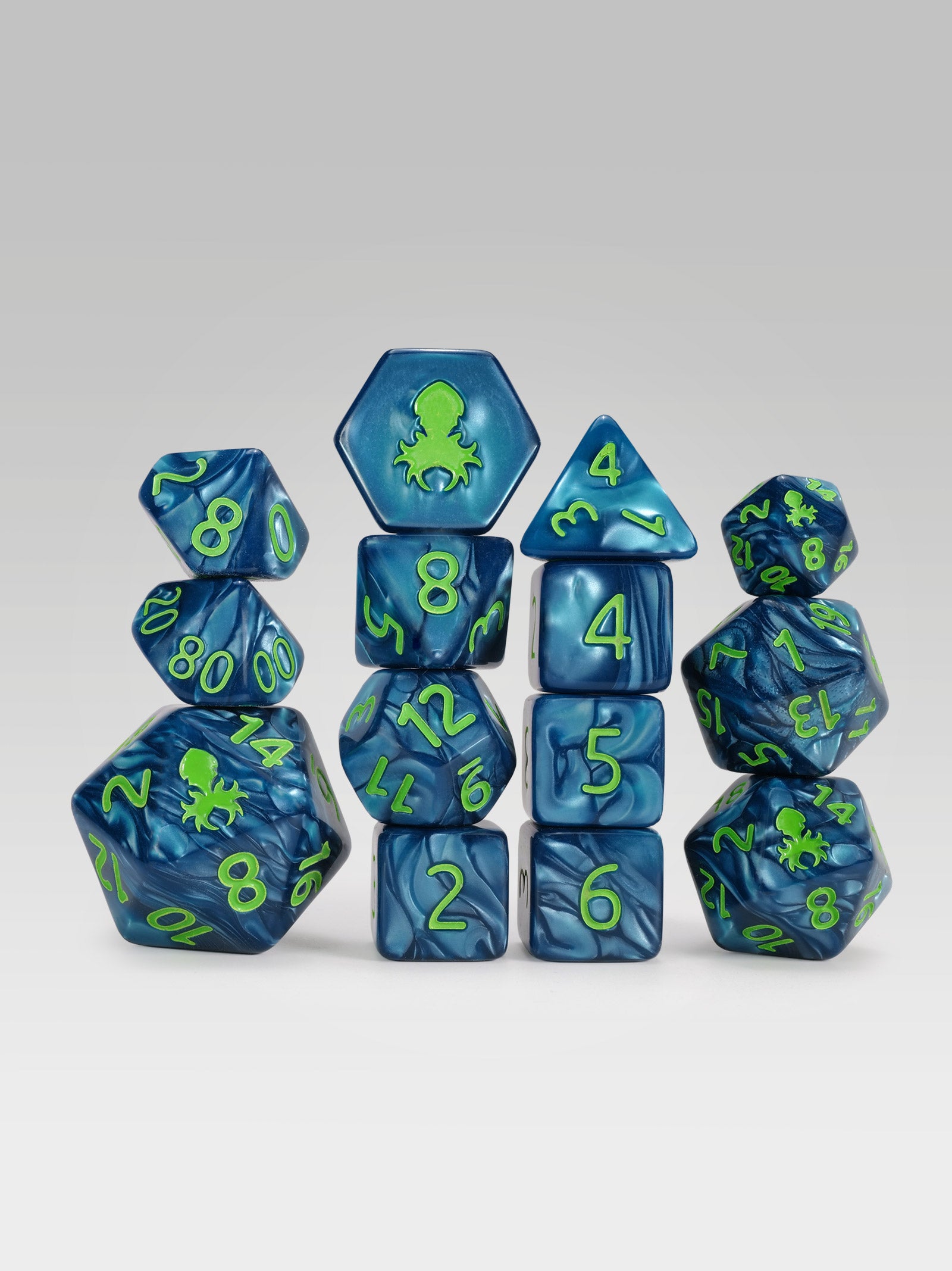 Kraken's Signature Cadet Blue 14pc Dice Set inked in Green
