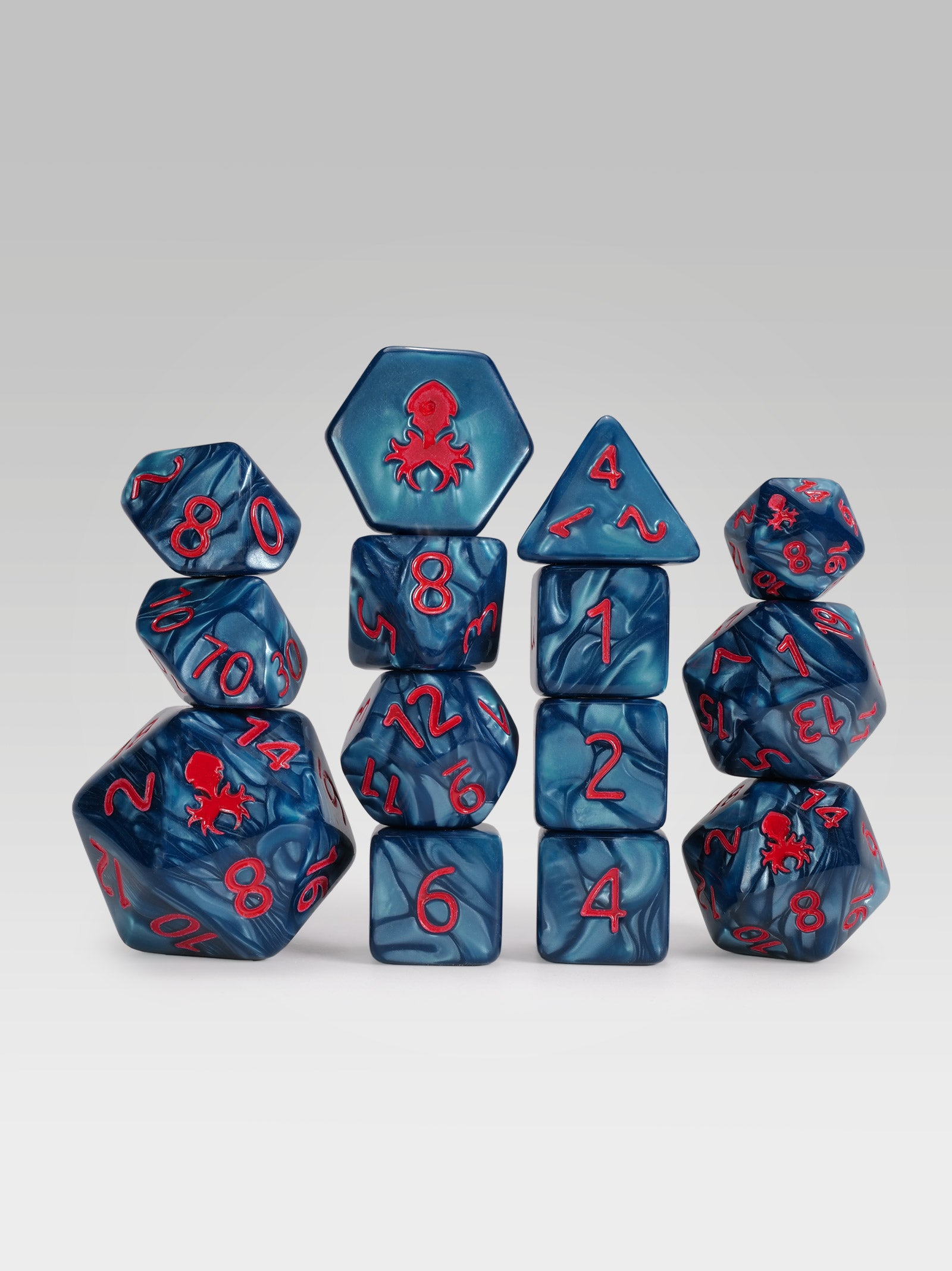 Kraken's Signature Cadet Blue 14pc Dice Set inked in Red