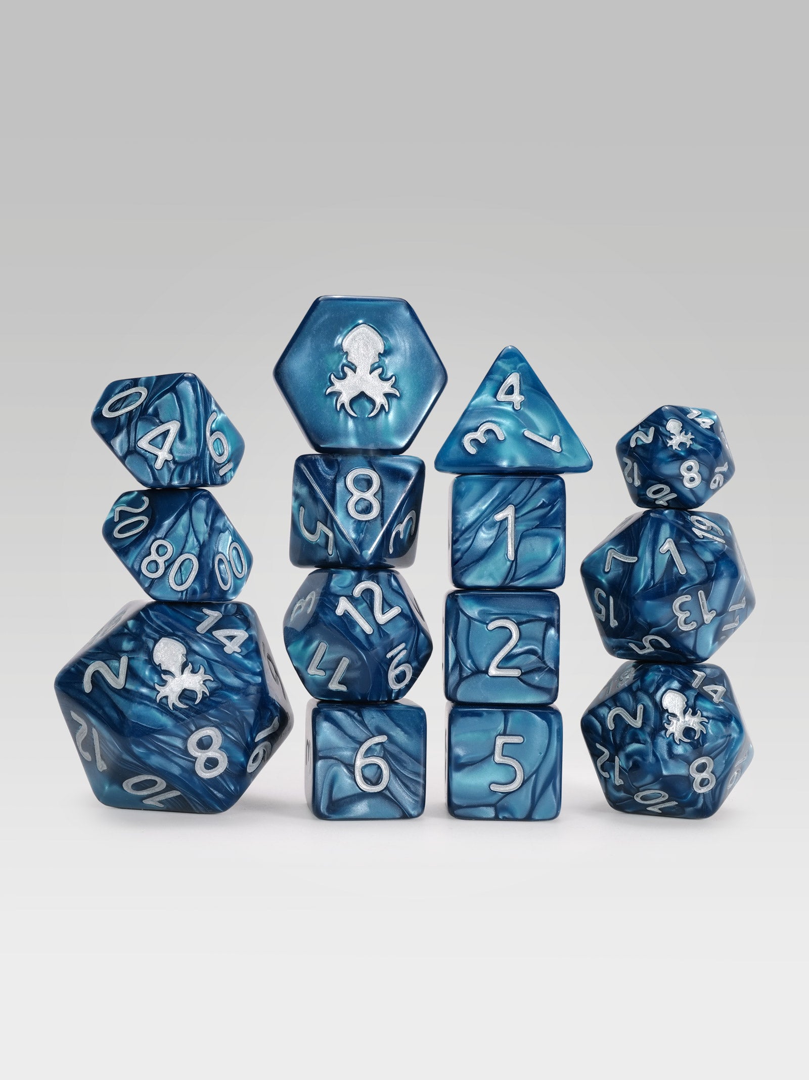 Kraken's Signature Cadet  Blue 14pc Dice Set inked in Silver
