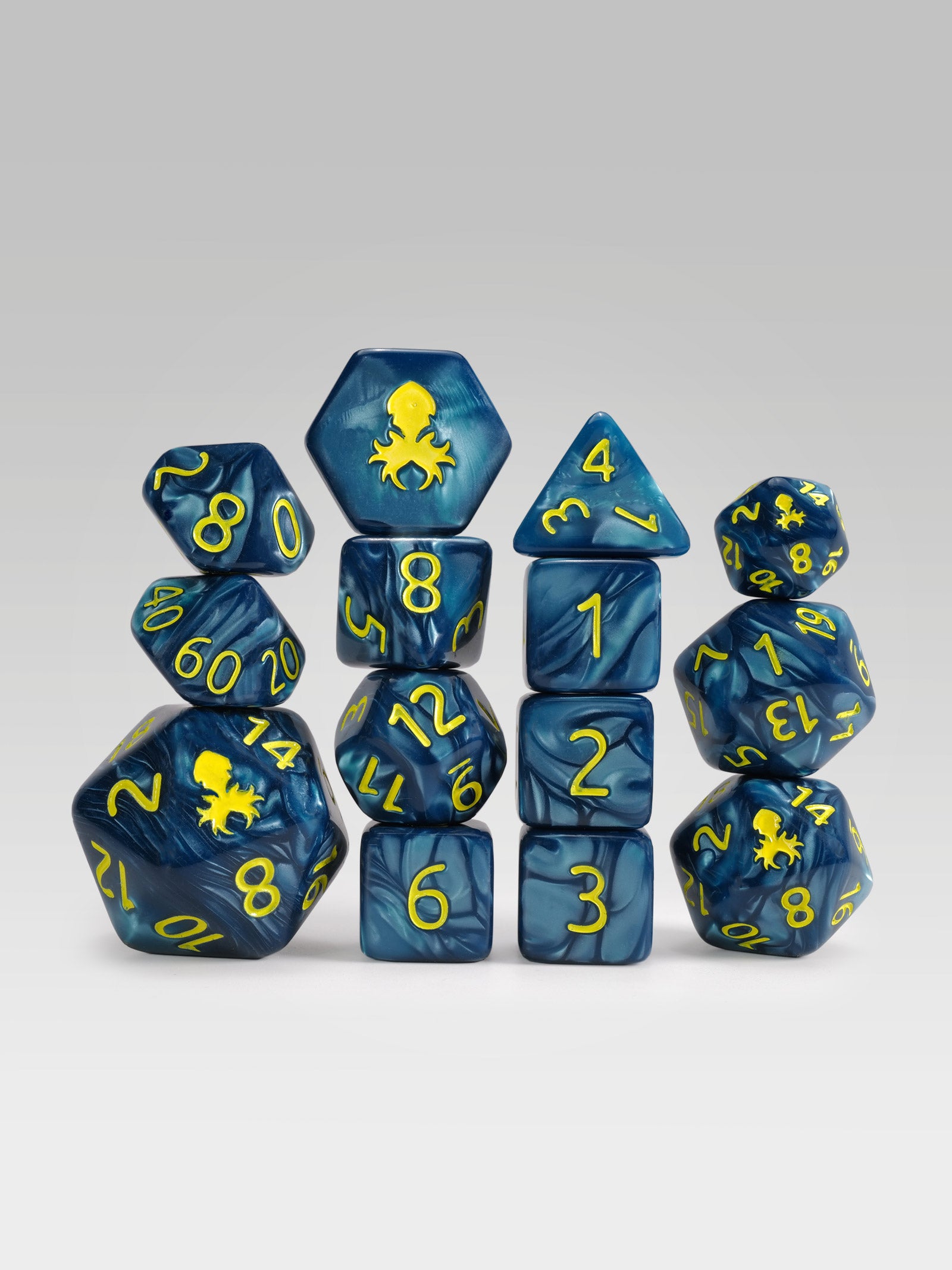Kraken's Signature Cadet  Blue 14pc Dice Set inked in Yellow