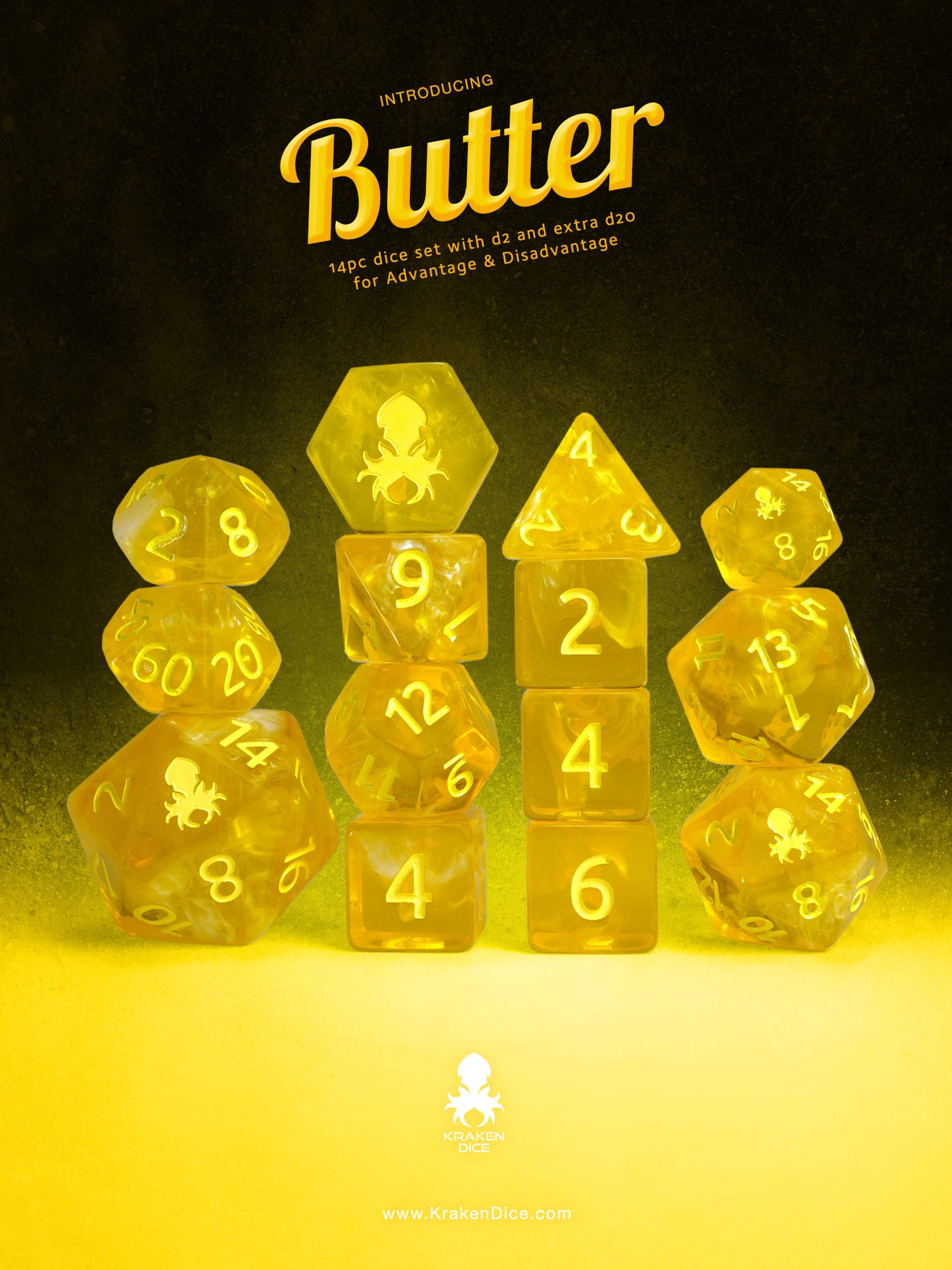 Butter 14 piece dice set inked in yellow