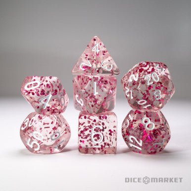 Clear with Pink Glitter White Ink 7pc  Dice Set