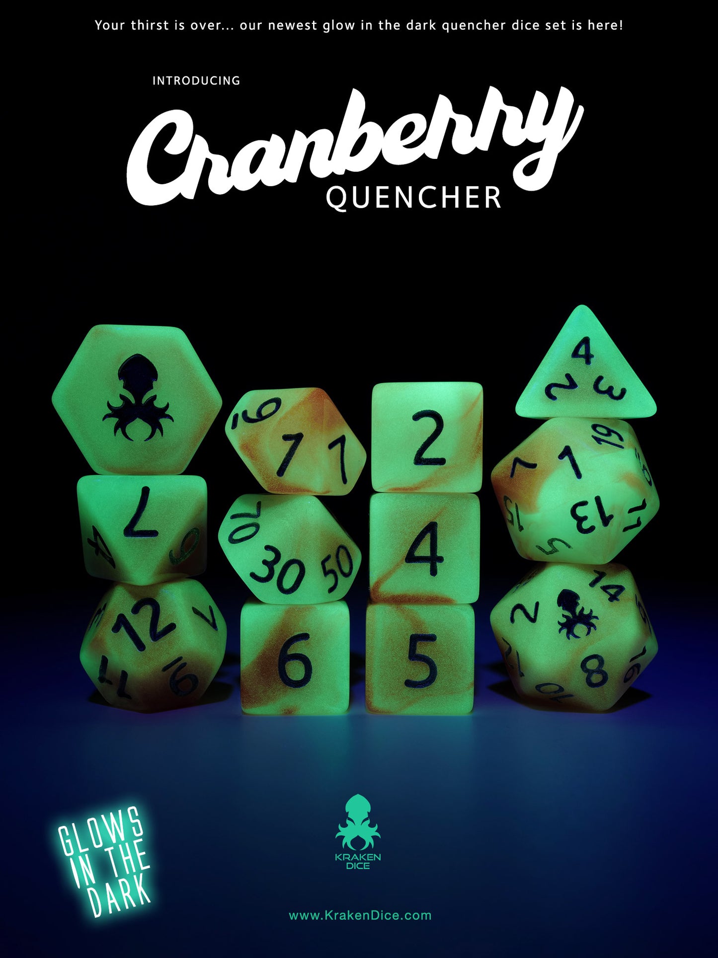 Cranberry Quencher Glow in the Dark 12pc Dice Set inked in Silver