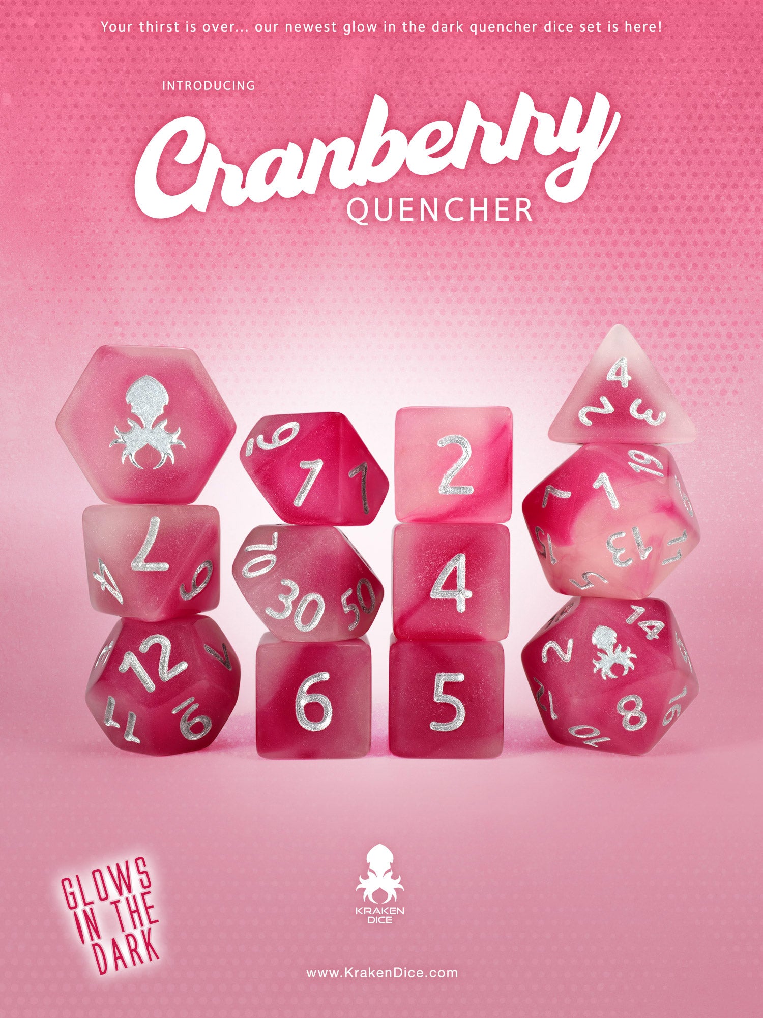 Cranberry Quencher Glow in the Dark 12pc Dice Set inked in Silver