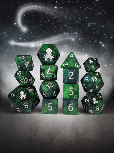 Emerald White Magick 14pc Dice Set inked in Silver