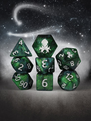 Emerald White Magick 8pc Dice Set inked in Silver