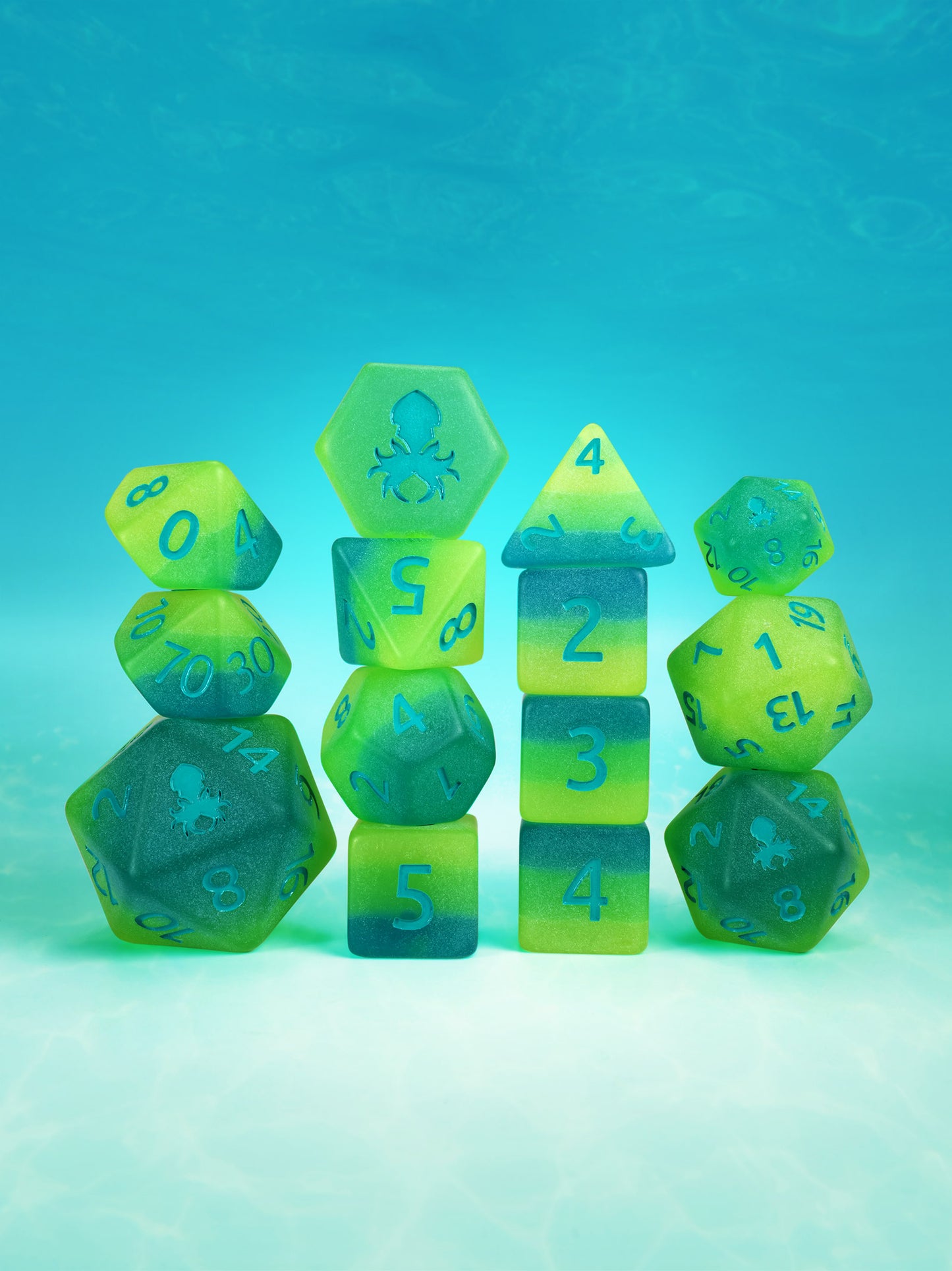 Aquatic Garden 14pc Glow in the Dark Dice Set Inked in Blue