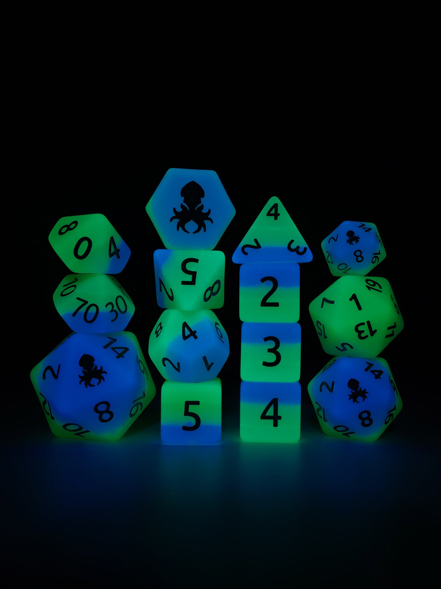 Aquatic Garden 14pc Glow in the Dark Dice Set Inked in White