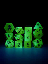 Lemon Drop Quencher Glow in the Dark 12pc Dice Set inked in Silver