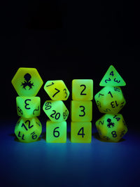 Peach Lemonade Quencher Glow in the Dark 12pc Dice Set inked in Silver