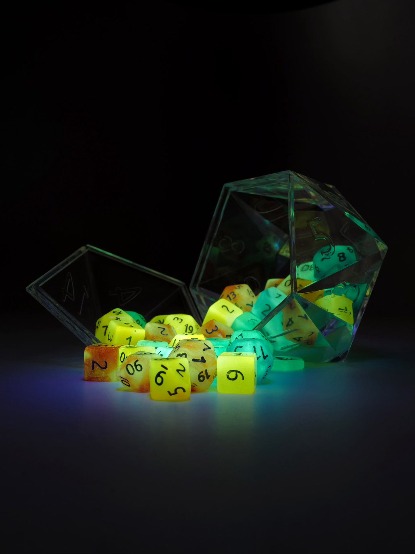 Feytfull Glow in the Dark Dice Set Bundle w/ D20 Display Case