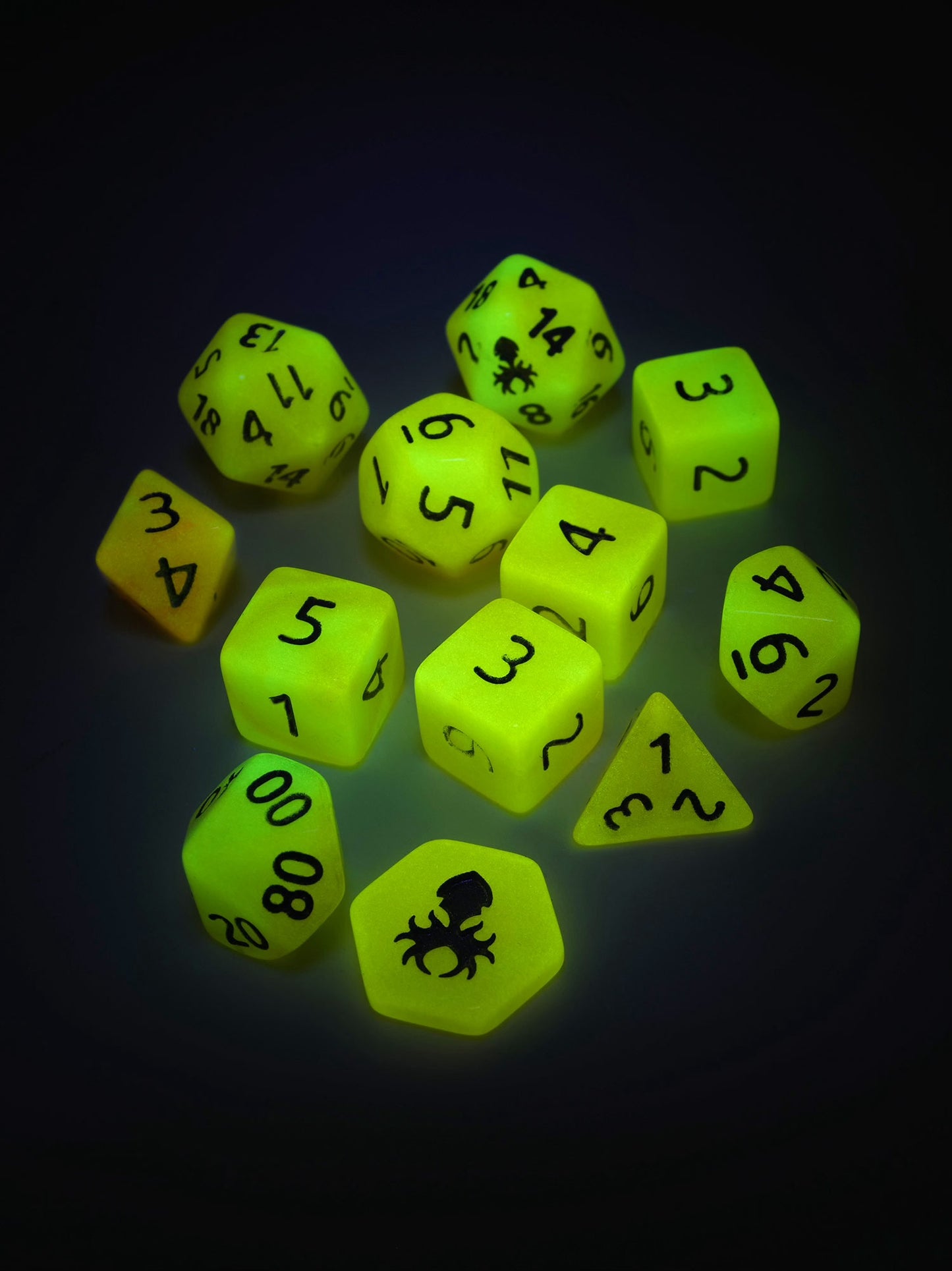 Feytfull Glow in the Dark Dice Set Bundle w/ D20 Display Case