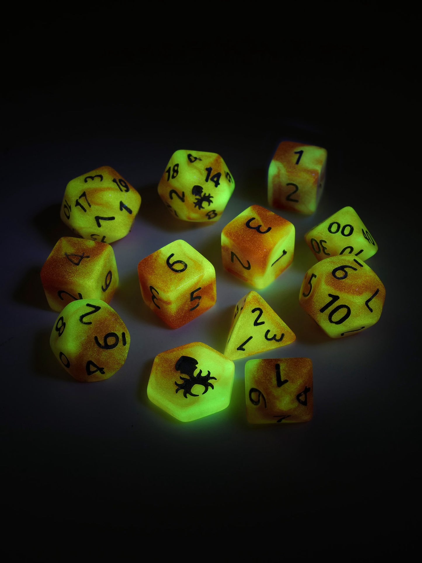 Feytfull Glow in the Dark Dice Set Bundle w/ D20 Display Case