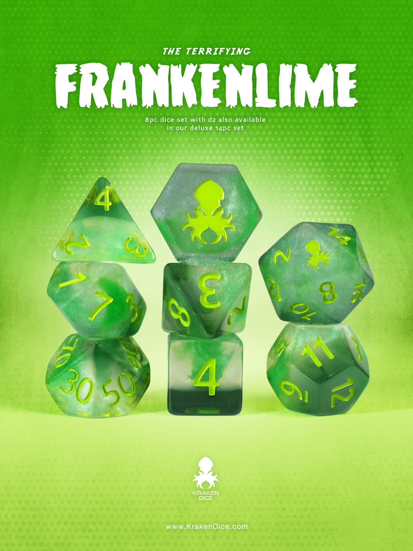 Frakenlime 8pc Dice Set inked in Green
