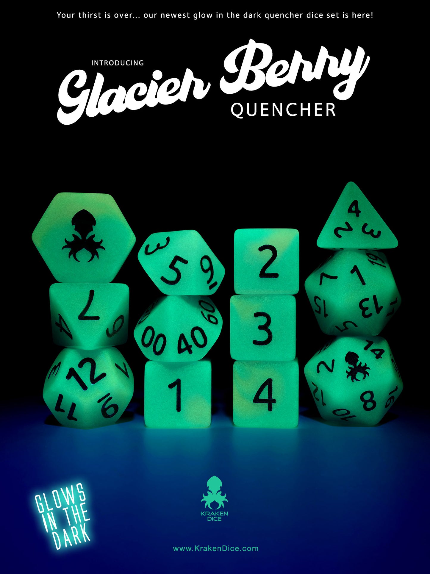 Glacier Berry Quencher Glow in the Dark 12pc Dice Set inked in Silver